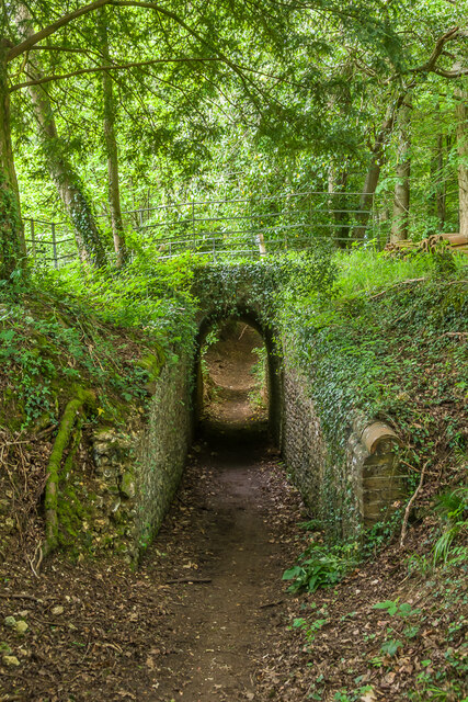 Narrow bridleway passes through narrow arched bridged, with woodland track passing over the top. Sides of bridleway are faced in flint and stone.